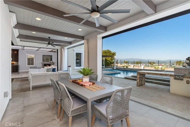 104 Scenic Crst, Irvine, CA 92618 - view of patio / terrace with a ceiling fan, a mountain view, an outdoor hangout area, outdoor dining space, and an outdoor pool