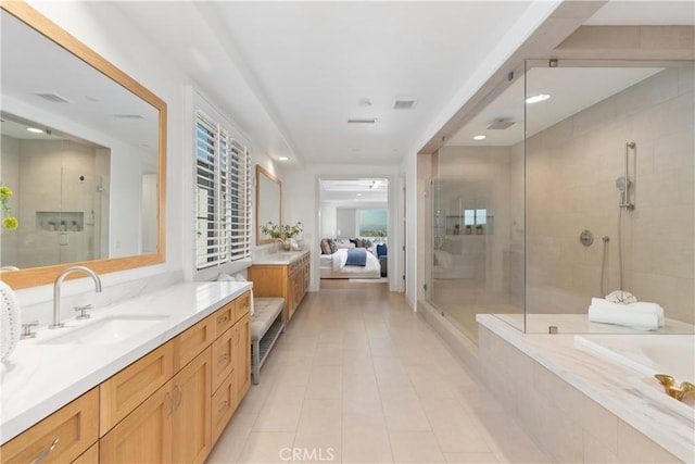 104 Scenic Crst, Irvine, CA 92618 - ensuite bathroom featuring a shower stall, vanity, tile patterned flooring, and tiled bath