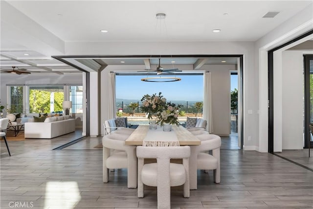 104 Scenic Crst, Irvine, CA 92618 - dining area with ceiling fan, wood finished floors, and recessed lighting
