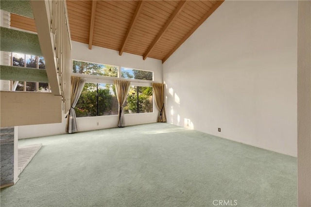 2622 N Tustin Ave Unit 147, Santa Ana, CA 92705 - unfurnished living room with carpet floors, wooden ceiling, beam ceiling, and high vaulted ceiling