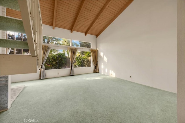 2622 N Tustin Ave Unit 147, Santa Ana, CA 92705 - unfurnished living room featuring carpet, wooden ceiling with exposed beams, and high vaulted ceiling