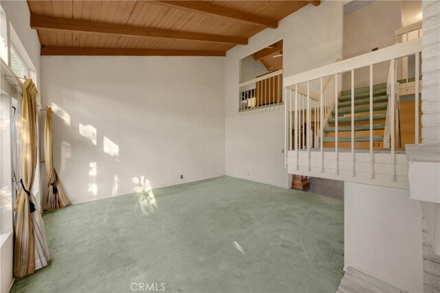 2622 N Tustin Ave Unit 147, Santa Ana, CA 92705 - unfurnished living room featuring wood ceiling, stairway, and carpet flooring