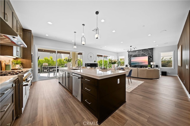 110 Mulberry, Lake Forest, CA 92630 - kitchen with appliances with stainless steel finishes, a sink, under cabinet range hood, dark brown cabinets, and recessed lighting