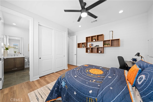 110 Mulberry, Lake Forest, CA 92630 - bedroom featuring wood finished floors, a closet, recessed lighting, connected bathroom, and ceiling fan