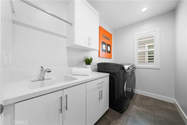 110 Mulberry, Lake Forest, CA 92630 - laundry room with washing machine and clothes dryer, baseboards, cabinet space, recessed lighting, and dark tile patterned floors