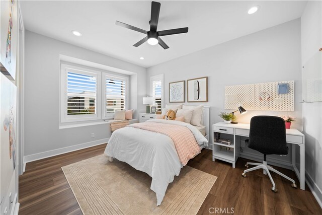 110 Mulberry, Lake Forest, CA 92630 - bedroom with dark wood-type flooring, recessed lighting, baseboards, an office area, and a ceiling fan