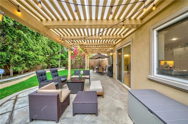 2551 Holly St, Fullerton, CA 92835 - view of patio featuring an outdoor living space, a fenced backyard, and a pergola