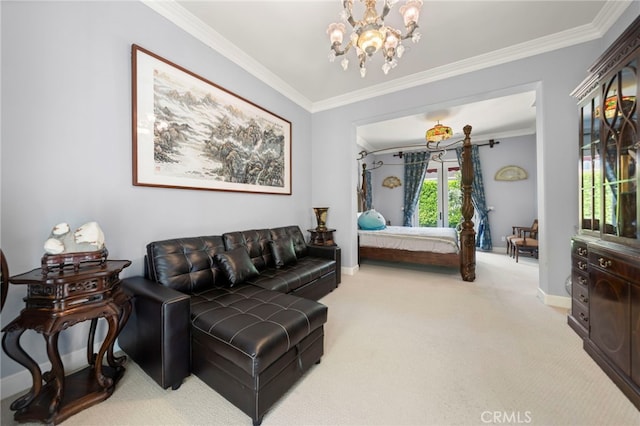 2825 Majestic St, West Covina, CA 91791 - carpeted bedroom featuring a chandelier, ornamental molding, and baseboards