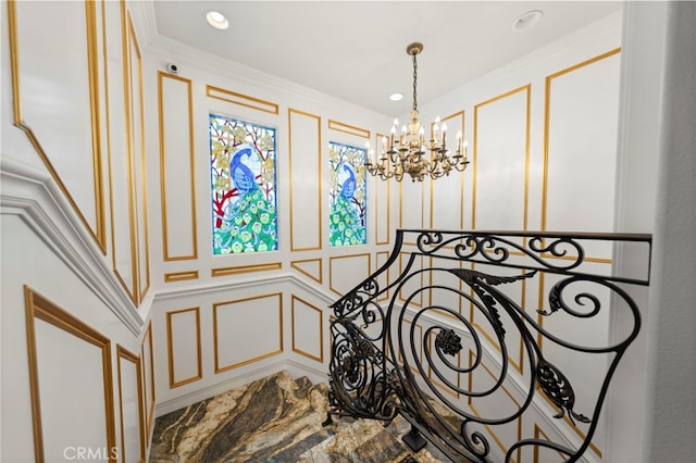 2825 Majestic St, West Covina, CA 91791 - stairs with a decorative wall, a chandelier, recessed lighting, and crown molding