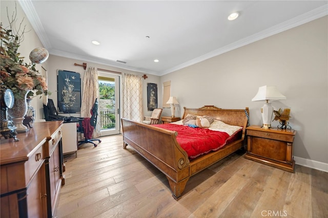 2825 Majestic St, West Covina, CA 91791 - bedroom featuring access to outside, light wood-style flooring, crown molding, recessed lighting, and baseboards