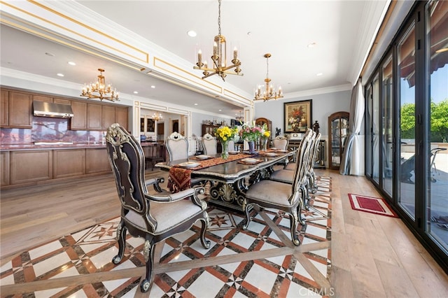 2825 Majestic St, West Covina, CA 91791 - dining space featuring a chandelier, ornamental molding, recessed lighting, and light wood finished floors