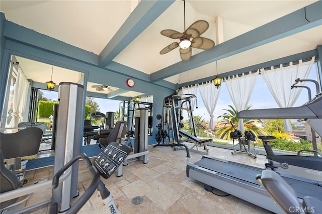 2825 Majestic St, West Covina, CA 91791 - gym with a ceiling fan, stone tile flooring, beam ceiling, and a towering ceiling