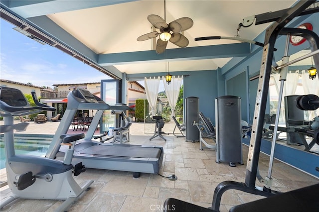 2825 Majestic St, West Covina, CA 91791 - workout area with stone tile flooring and ceiling fan