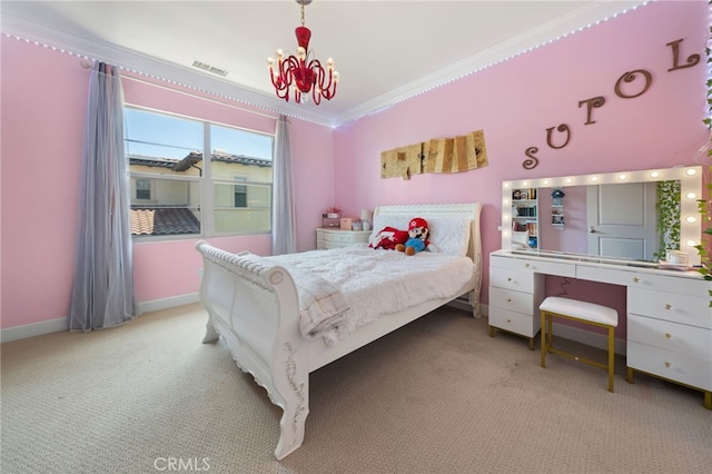 2825 Majestic St, West Covina, CA 91791 - carpeted bedroom with ornamental molding, a chandelier, and baseboards