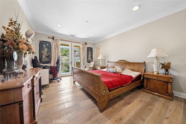 2825 Majestic St, West Covina, CA 91791 - bedroom featuring access to exterior, light wood-style flooring, crown molding, recessed lighting, and french doors