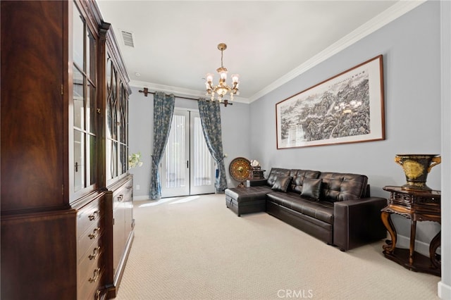 2825 Majestic St, West Covina, CA 91791 - living room featuring carpet, a chandelier, crown molding, and baseboards