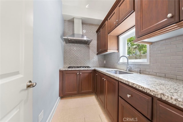 2825 Majestic St, West Covina, CA 91791 - kitchen with wall chimney exhaust hood, a sink, stainless steel gas stovetop, and decorative backsplash