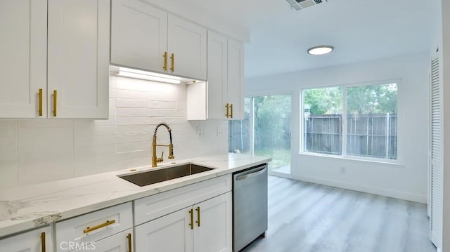 7909 Primrose Ln, Highland, CA 92346 - kitchen with dishwasher, a sink, tasteful backsplash, and white cabinets