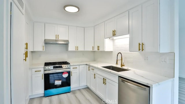 7909 Primrose Ln, Highland, CA 92346 - kitchen with appliances with stainless steel finishes, a sink, under cabinet range hood, and tasteful backsplash