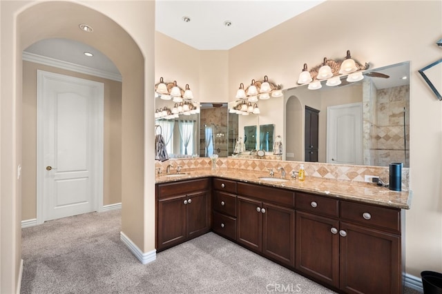 4009 Cerveza Cir, Corona, CA 92881 - full bathroom featuring backsplash, carpet, vanity, and a tile shower