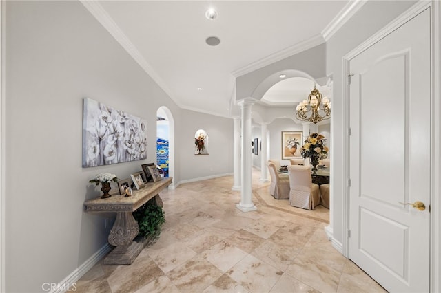 4009 Cerveza Cir, Corona, CA 92881 - hallway with arched walkways, decorative columns, crown molding, baseboards, and a chandelier
