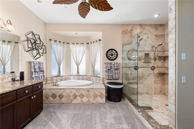 4009 Cerveza Cir, Corona, CA 92881 - full bathroom featuring a stall shower, a ceiling fan, a bath, vanity, and recessed lighting