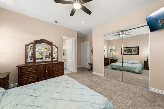 4009 Cerveza Cir, Corona, CA 92881 - carpeted bedroom with baseboards, a closet, a ceiling fan, and recessed lighting