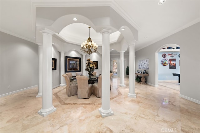 4009 Cerveza Cir, Corona, CA 92881 - corridor featuring crown molding, baseboards, decorative columns, a raised ceiling, and arched walkways