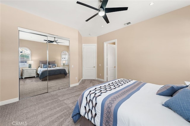 4009 Cerveza Cir, Corona, CA 92881 - bedroom with carpet flooring, a closet, baseboards, and a ceiling fan