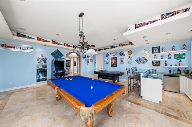 4009 Cerveza Cir, Corona, CA 92881 - playroom with wet bar, arched walkways, pool table, ceiling fan, and baseboards