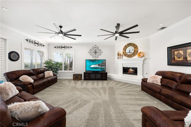 4009 Cerveza Cir, Corona, CA 92881 - carpeted living room with a ceiling fan, crown molding, a glass covered fireplace, recessed lighting, and baseboards
