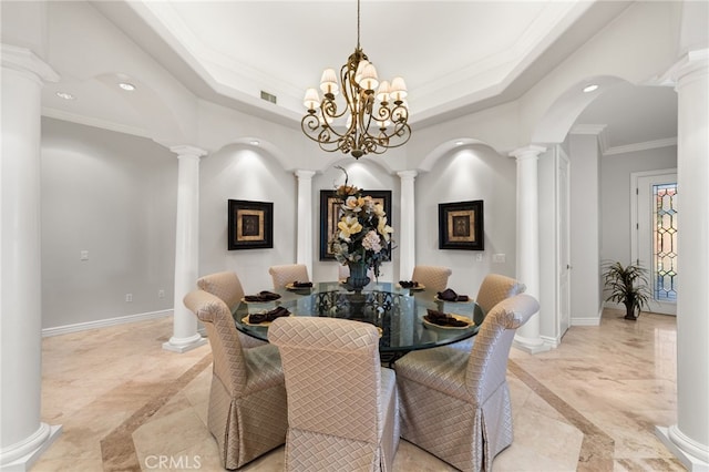 4009 Cerveza Cir, Corona, CA 92881 - dining area featuring inlaid floor details, decorative columns, recessed lighting, baseboards, and crown molding