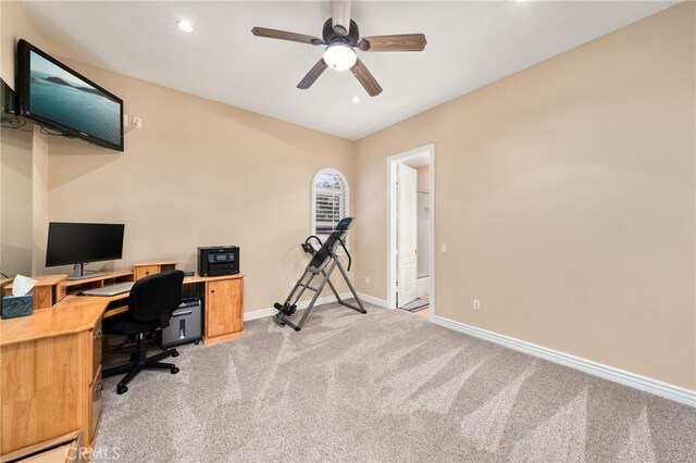 4009 Cerveza Cir, Corona, CA 92881 - home office featuring light colored carpet, baseboards, a ceiling fan, and recessed lighting