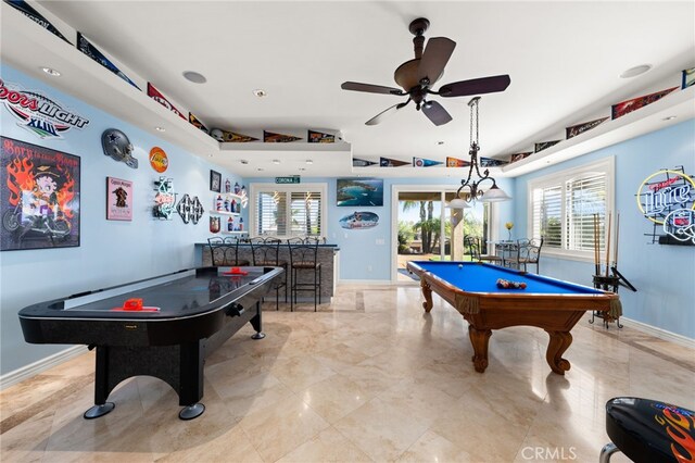 4009 Cerveza Cir, Corona, CA 92881 - playroom featuring billiards table, ceiling fan, baseboards, and plenty of natural light
