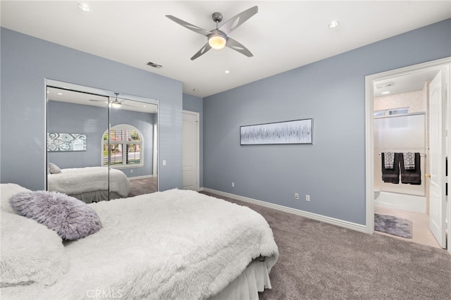 4009 Cerveza Cir, Corona, CA 92881 - carpeted bedroom with baseboards, recessed lighting, a ceiling fan, and ensuite bathroom