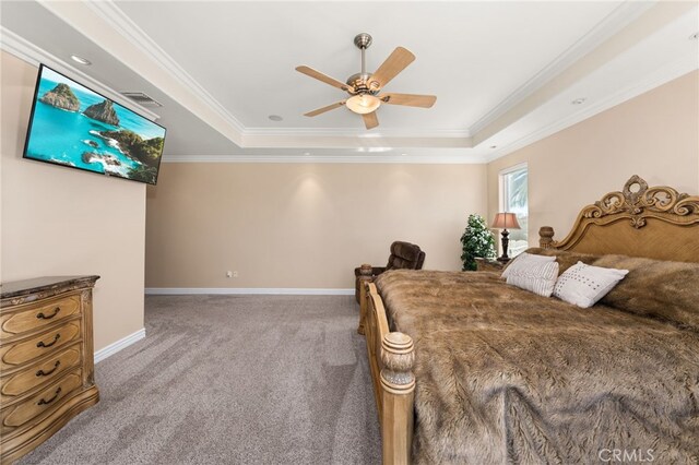4009 Cerveza Cir, Corona, CA 92881 - carpeted bedroom featuring a raised ceiling, crown molding, baseboards, and ceiling fan