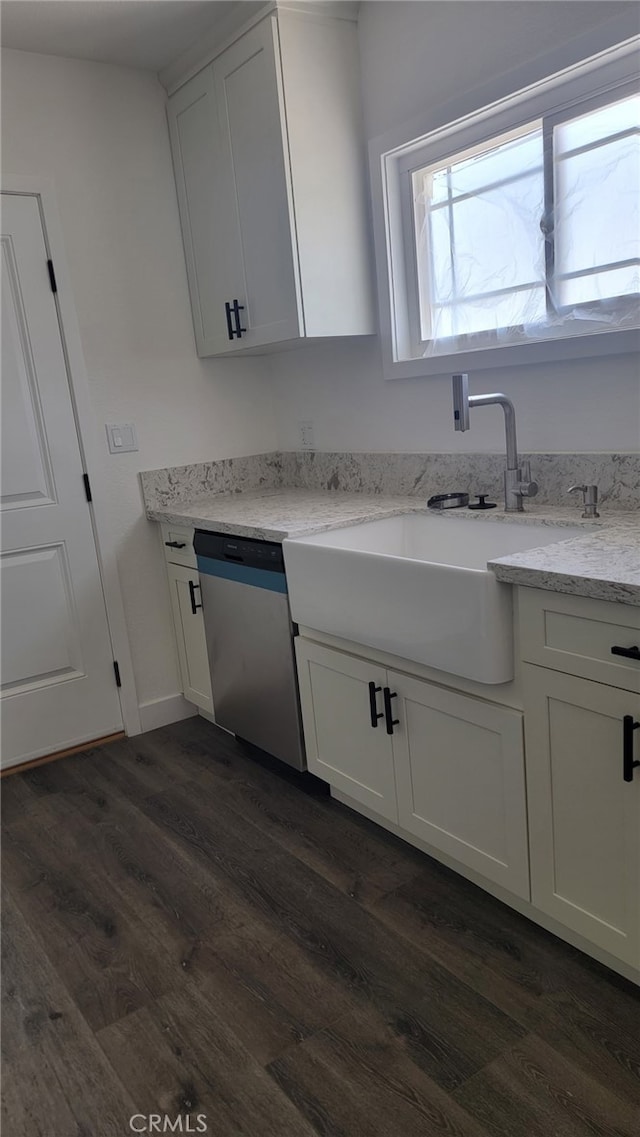 880 S State St, Hemet, CA 92543 - kitchen featuring stainless steel dishwasher, dark wood-type flooring, white cabinets, and light stone countertops