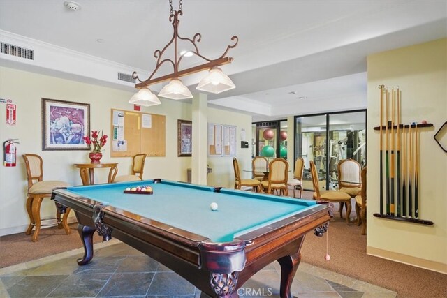 21345 Hawthorne Blvd Unit 126, Torrance, CA 90503 - game room featuring dark carpet, billiards, ornamental molding, baseboards, and a tray ceiling