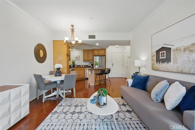 21345 Hawthorne Blvd Unit 126, Torrance, CA 90503 - living area with dark wood-style flooring, a chandelier, and ornamental molding