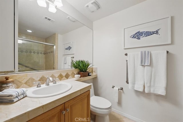 21345 Hawthorne Blvd Unit 126, Torrance, CA 90503 - full bathroom featuring a shower stall, toilet, vanity, backsplash, and tile patterned floors