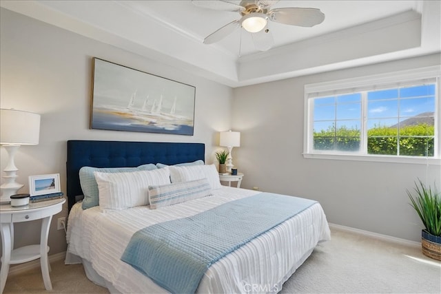 21345 Hawthorne Blvd Unit 126, Torrance, CA 90503 - bedroom featuring carpet floors, a tray ceiling, baseboards, crown molding, and a ceiling fan