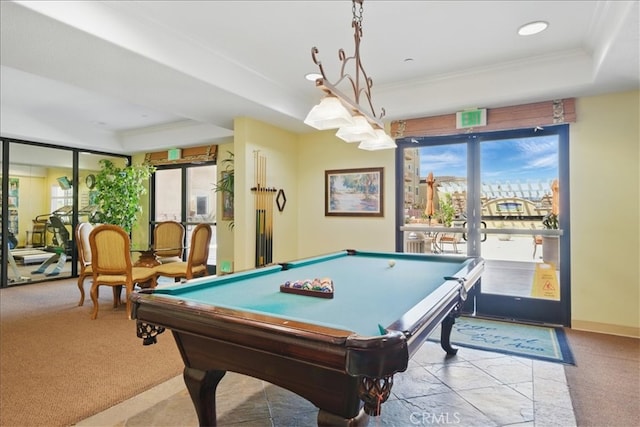 21345 Hawthorne Blvd Unit 126, Torrance, CA 90503 - recreation room featuring carpet floors, ornamental molding, a tray ceiling, and pool table