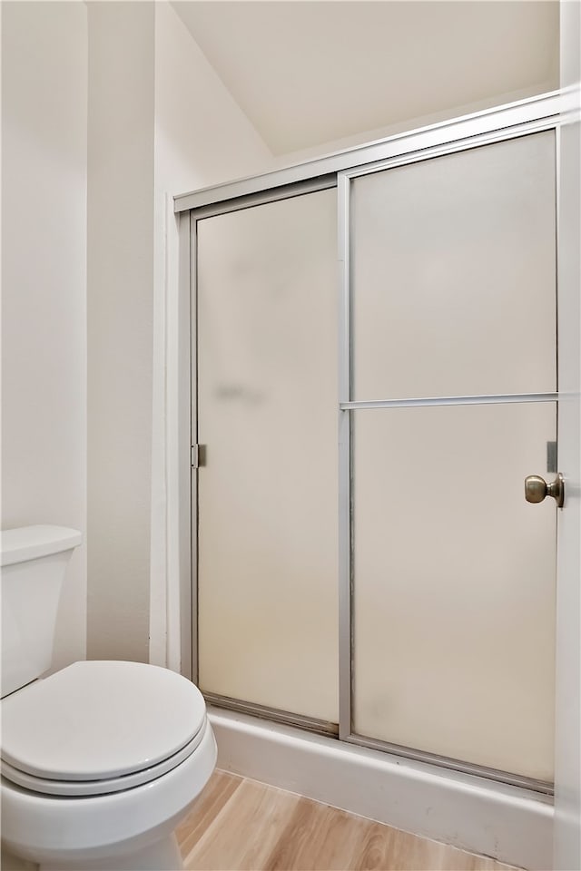 full bathroom featuring wood finished floors, a shower stall, and toilet