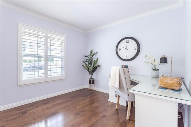 office area featuring dark wood-style floors, crown molding, and baseboards