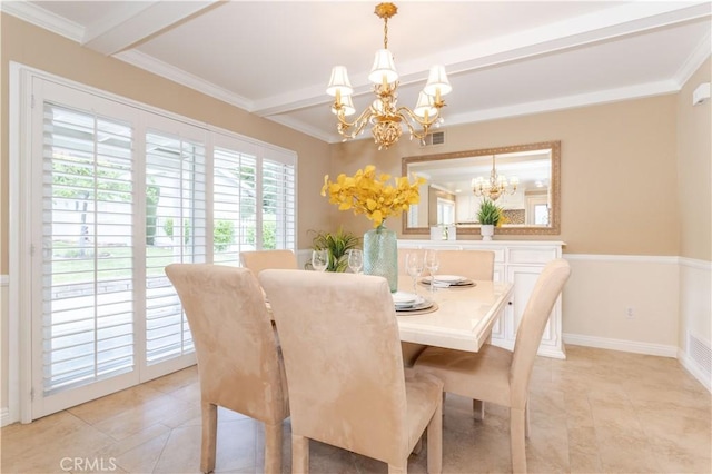 dining room featuring a chandelier, beam ceiling, light tile patterned flooring, baseboards, and crown molding