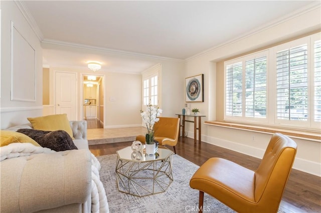 living area featuring wood finished floors, ornamental molding, and baseboards