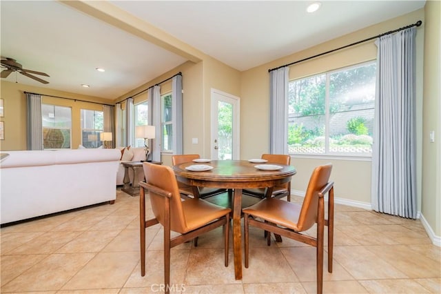 12538 Old Port Ct, Rancho Cucamonga, CA 91739 - dining area featuring recessed lighting, baseboards, light tile patterned floors, and ceiling fan