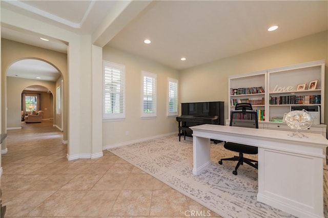 12538 Old Port Ct, Rancho Cucamonga, CA 91739 - office with arched walkways, recessed lighting, baseboards, and light tile patterned floors