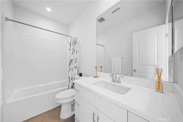 full bathroom with toilet, shower / tub combo, tile patterned flooring, vanity, and recessed lighting