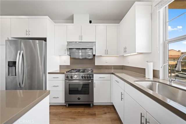 kitchen with stainless steel appliances, extractor fan, a sink, and white cabinetry
